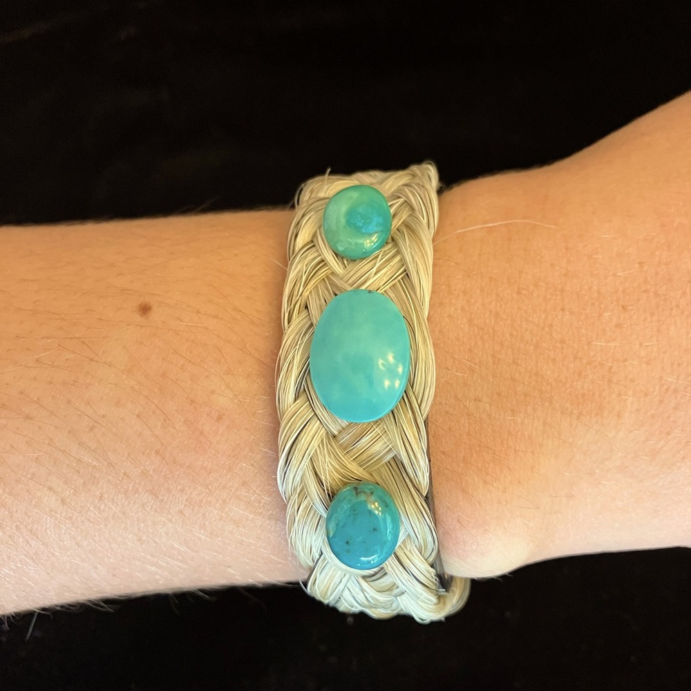 Genuine oval turquoise stones bracelet, braided horse hair on a leather strap